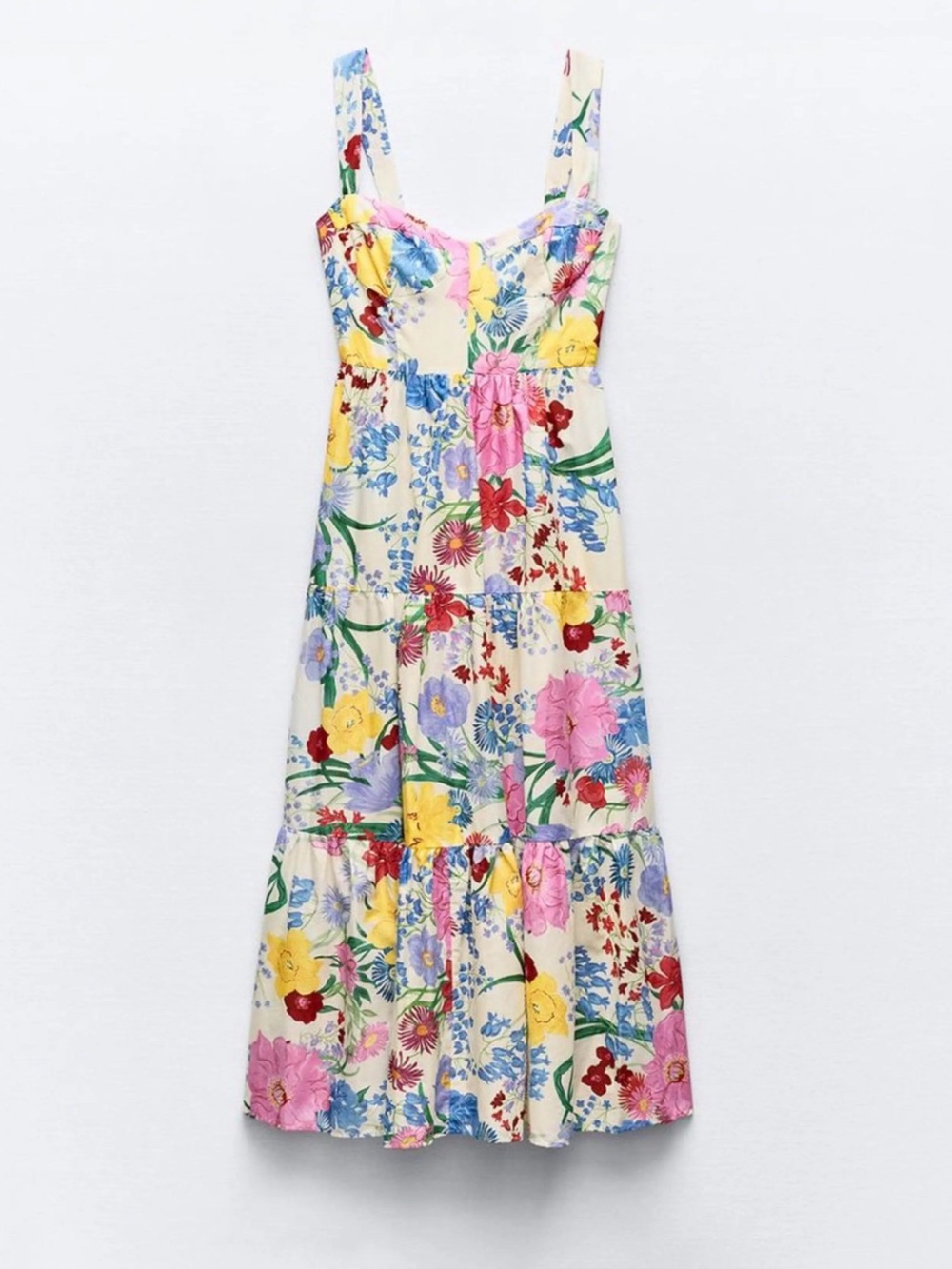 Zara Cream Floral Patchwork Midi Dress with Pink, Yellow & Blue Blooms